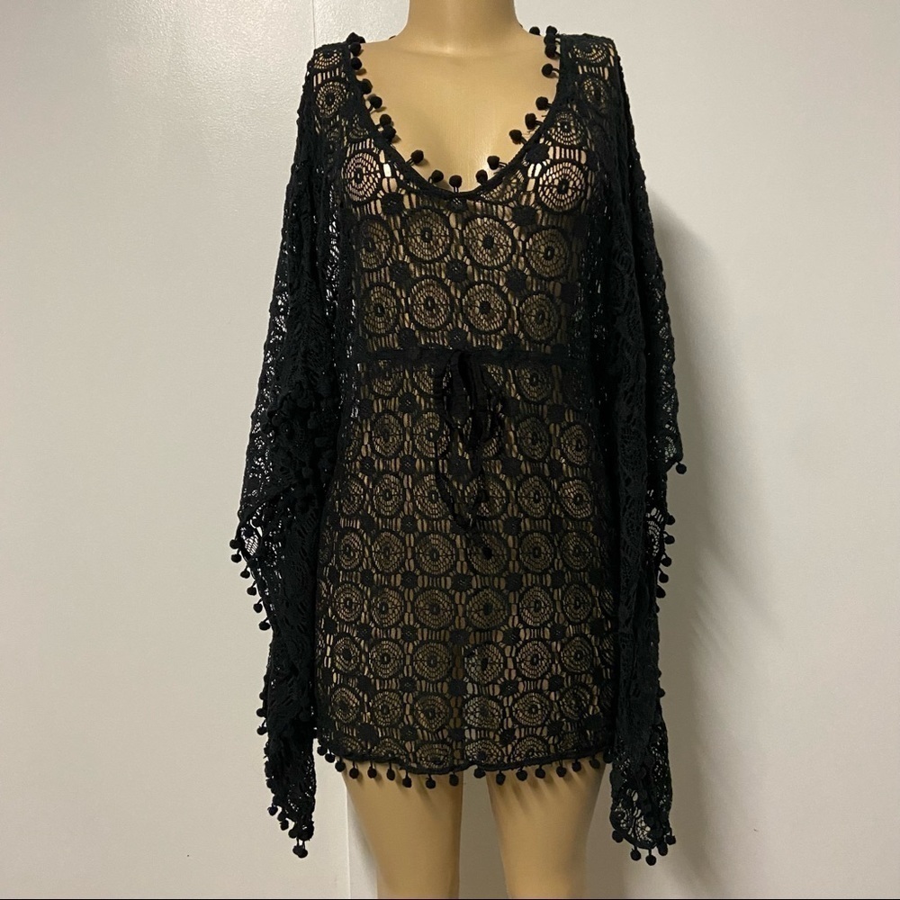 Raviya Black Open Knit Pom Poms Drawstring Crochet Tunic Swim Cover-Up S…